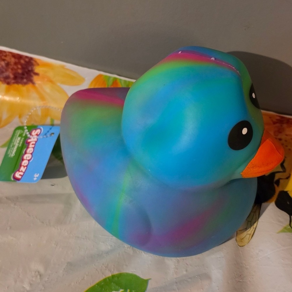 Squeezy Jumbo Rubber Duck Tie Dye Blue Green Pink Sensory Fidget Toy NWT